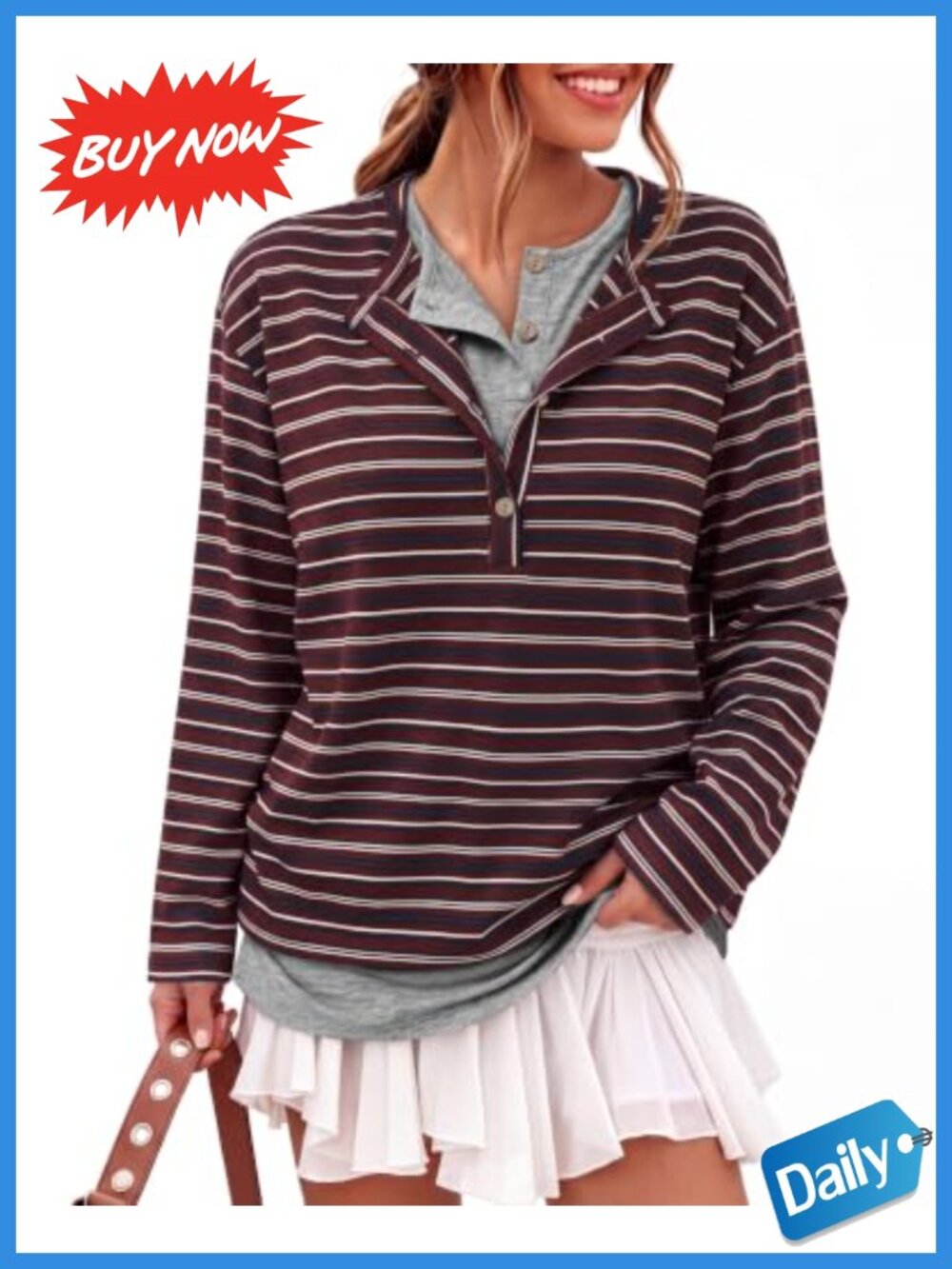 Womens Striped Henley Sweatshirt Faux Layer Button Up Loose Fit
